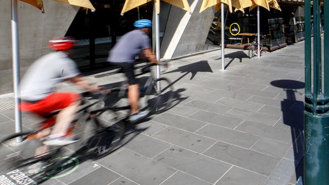 A study has looked at the conflict between cyclists and pedestrians in Southbank. Picture: David Geraghty