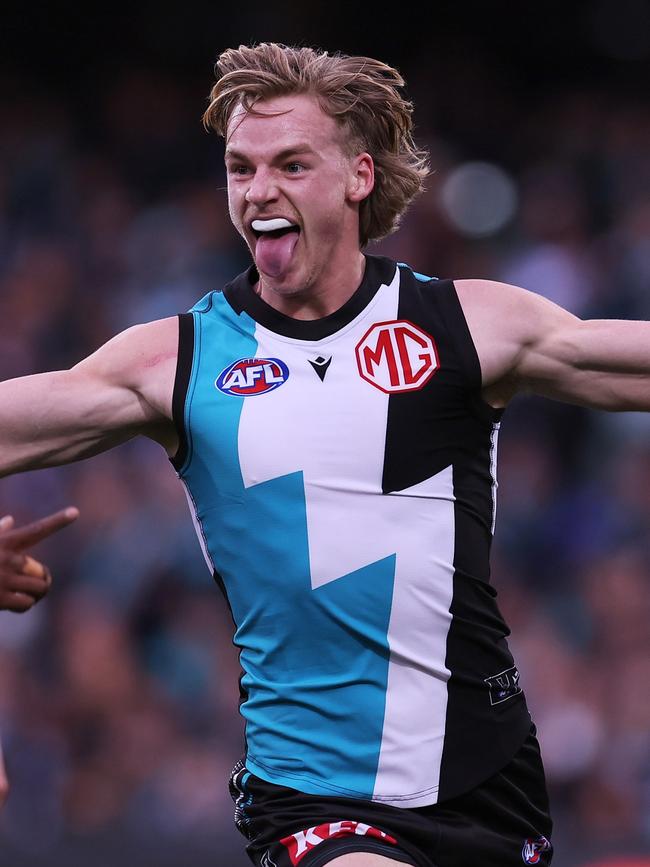 Port has a big call to make on where it uses Miles Bergman. Picture: James Elsby/AFL Photos via Getty Images