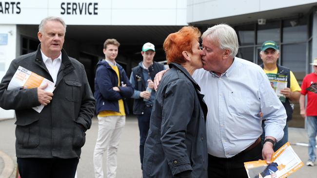 One Nation leader Pauline Hanson greets local One Nation Candidate Dale McNamara, with One Nation NSW leader Mark Latham watches on. Picture: Tim Hunter.