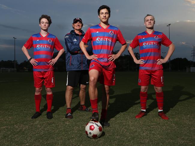 Nerang under-18 players Ben Dixon, Max King and Jordan Bishop with Gary Scott. Picture: Glenn Hampson