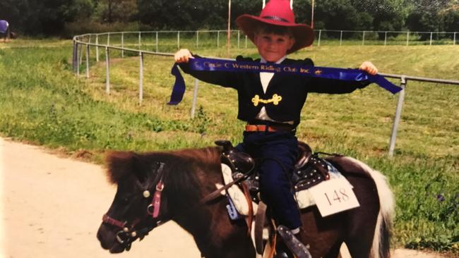 Jockey Jamie Kah as a child with her pony. Picture: Supplied