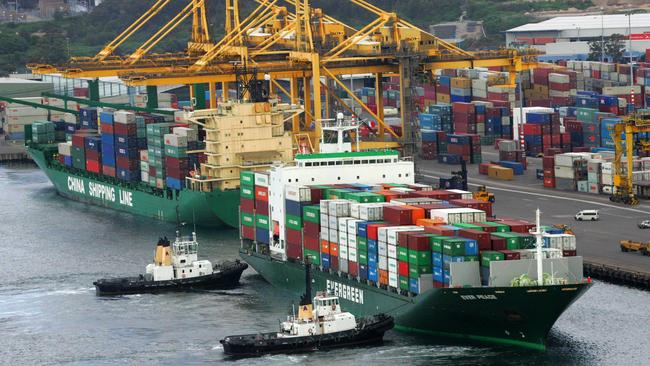 Container ships at Port Botany. There is no suggestion the ships pictured have crew suffering from coronavirus.