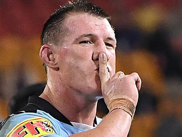 Paul Gallen of the Sharks reacts after kicking a conversion on full time during the Round 9 NRL match between the Gold Coast Titans and the Cronulla Sharks at Suncorp Stadium in Brisbane, Thursday, May 9, 2019.  (AAP Image/Dave Hunt) NO ARCHIVING, EDITORIAL USE ONLY