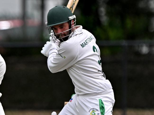 CroydonÃs Daniel J Ivanovic and SpotswoodÃs Jarrod Martignago during the VSDCA Croydon v Spotswood cricket match at Croydon Park in Croydon, Saturday, Jan. 28, 2023.Picture: Andy Brownbill