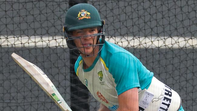 Australian captain Tim Paine has a hit in the nets ahead of the first Test. Picture: Getty Images