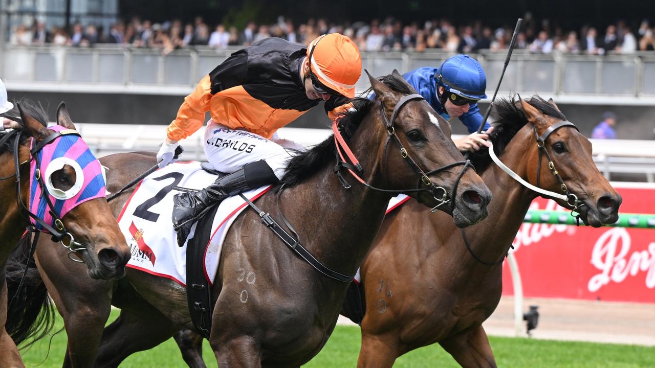 Maharba and jockey Jordan Childs (orange silks) will head west to tackle the locals in Saturday’s Group 1 Winterbottom Stakes at Ascot. Picture: Vince Caligiuri/Getty Images