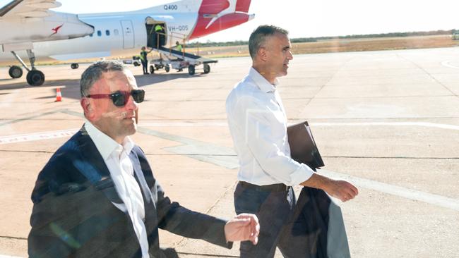 Top Guns: Tom Koutsantonis and Premier Peter Malinauskas land in Whyalla following today’s announcement. Picture: Tim Joy