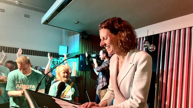 Allegra Spender speaking at her post-election party. Picture: Clare Sibthorpe