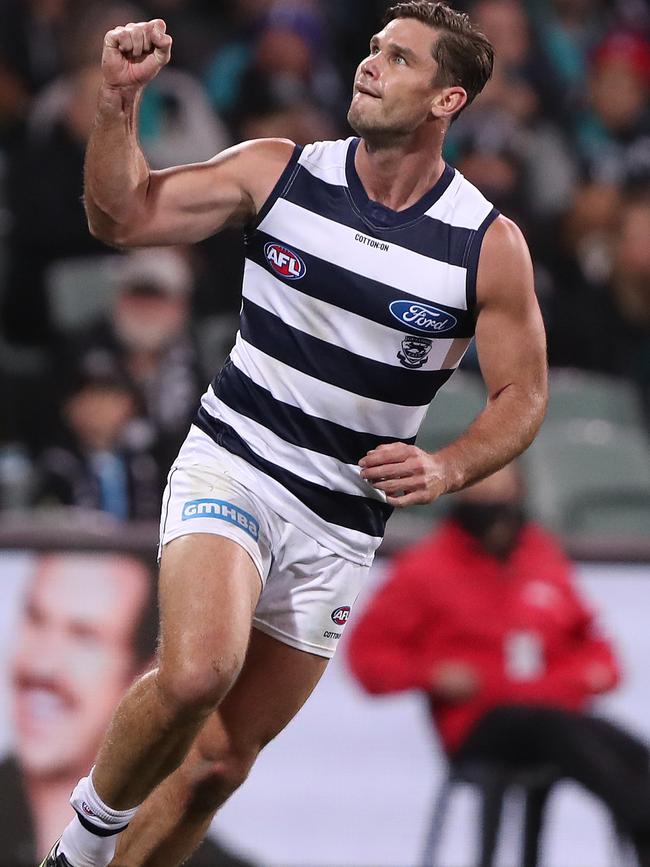 Tom Hawkins kicked four goals in a big performance.