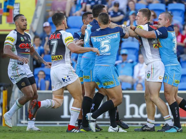 A melee breaks out during the Round 22 NRL match between the Gold Coast Titans and the Penrith Panthers at Cbus Super Stadium on the Gold Coast, Saturday, August 11, 2018. Picture: AAP Image/Glenn Hunt