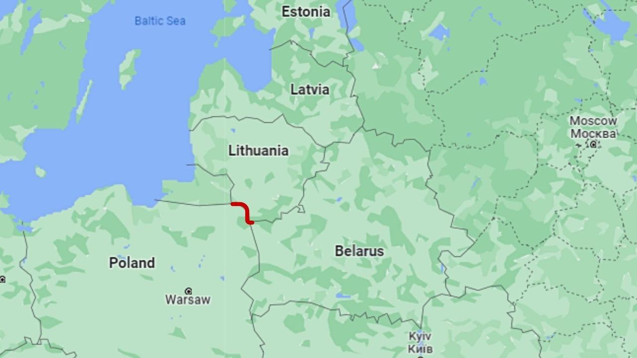 The Suwalki Corridor (marked in red) borders NATO-allied Poland and Lithuania. Picture: Google Maps