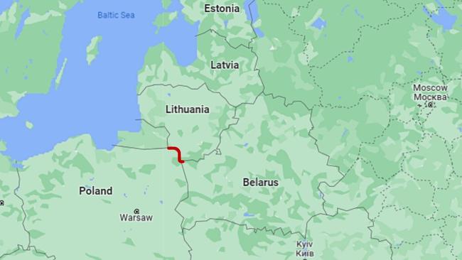 The Suwalki Corridor (marked in red) borders NATO-allied Poland and Lithuania. Picture: Google Maps