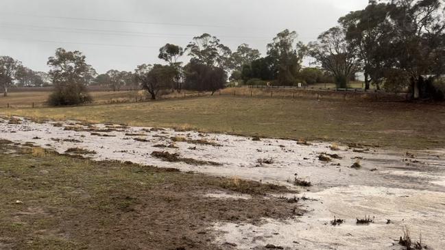 Water flowing across a property in Yankalilla after only a few minutes of rainfall. Picture: Julia McMillan