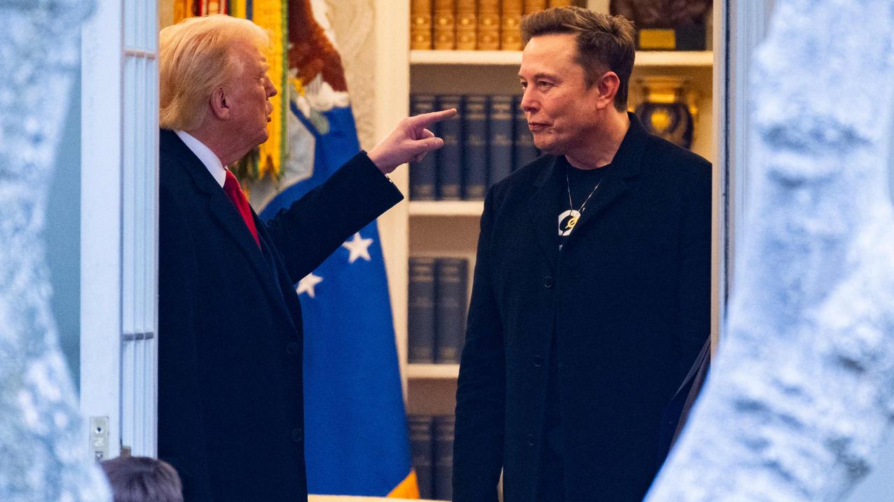 President Donald Trump speaks with Elon Musk at the White House in March. Picture: AFP