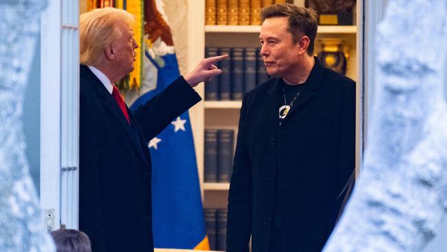 President Donald Trump speaks with Elon Musk at the White House in March. Picture: AFP