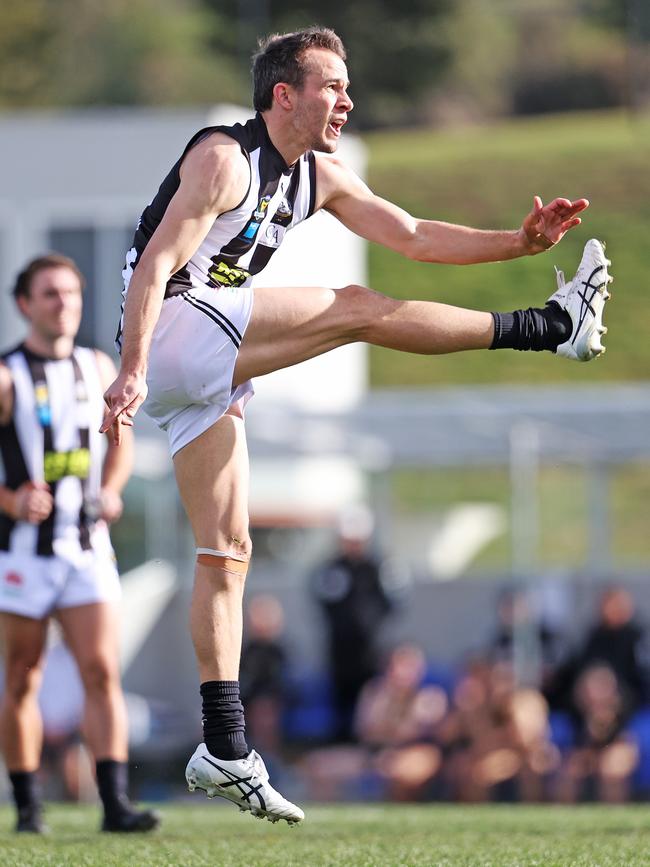 Pie star Jaye Bowden kicks one of his five goals on Saturday. Picture: Zak Simmonds