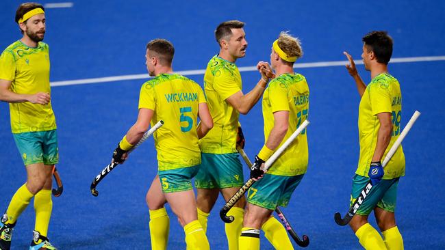 Jeremy Hayward celebrates scoring for Australia.