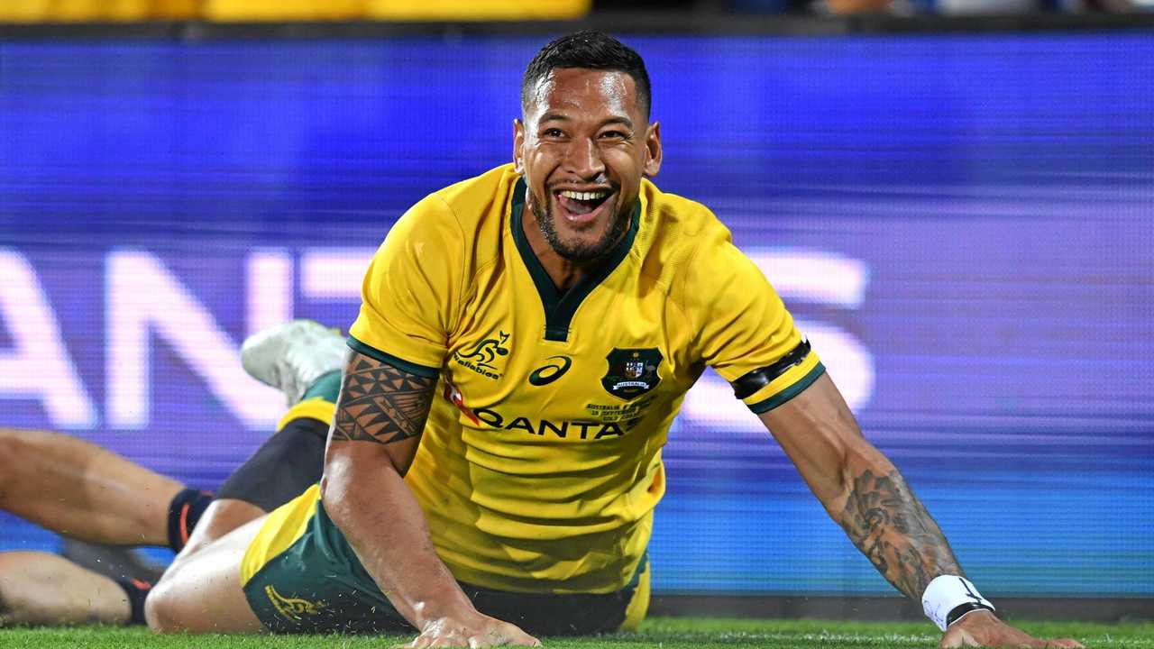 Israel Folau of the Wallabies celebrates after scoring a try. Picture: DARREN ENGLAND