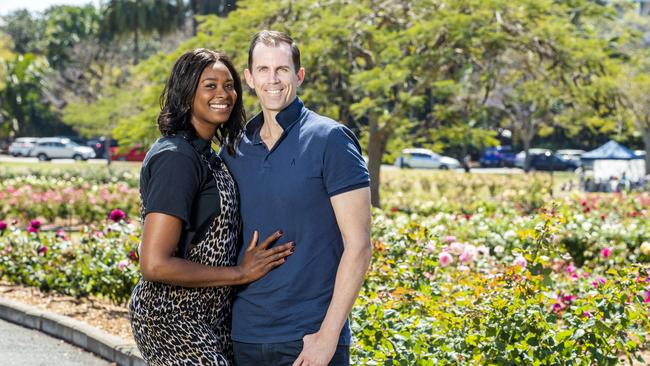 Romelda Aiken with new husband Daniel George at New Farm Park. Picture: Richard Walker