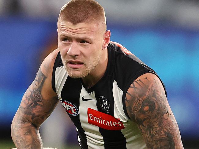 AFL Round 4.   10/04/2021.  Collingwood v Greater Western Sydney at the MCG.   Jordan De Goey of the Magpies after landing awkwardly after trying to mark low down   . Pic: Michael Klein