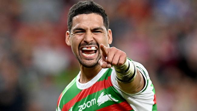 Cody Walker celebrates scoring a try for the Rabbitohs. Picture: Bradley Kanaris/Getty Images