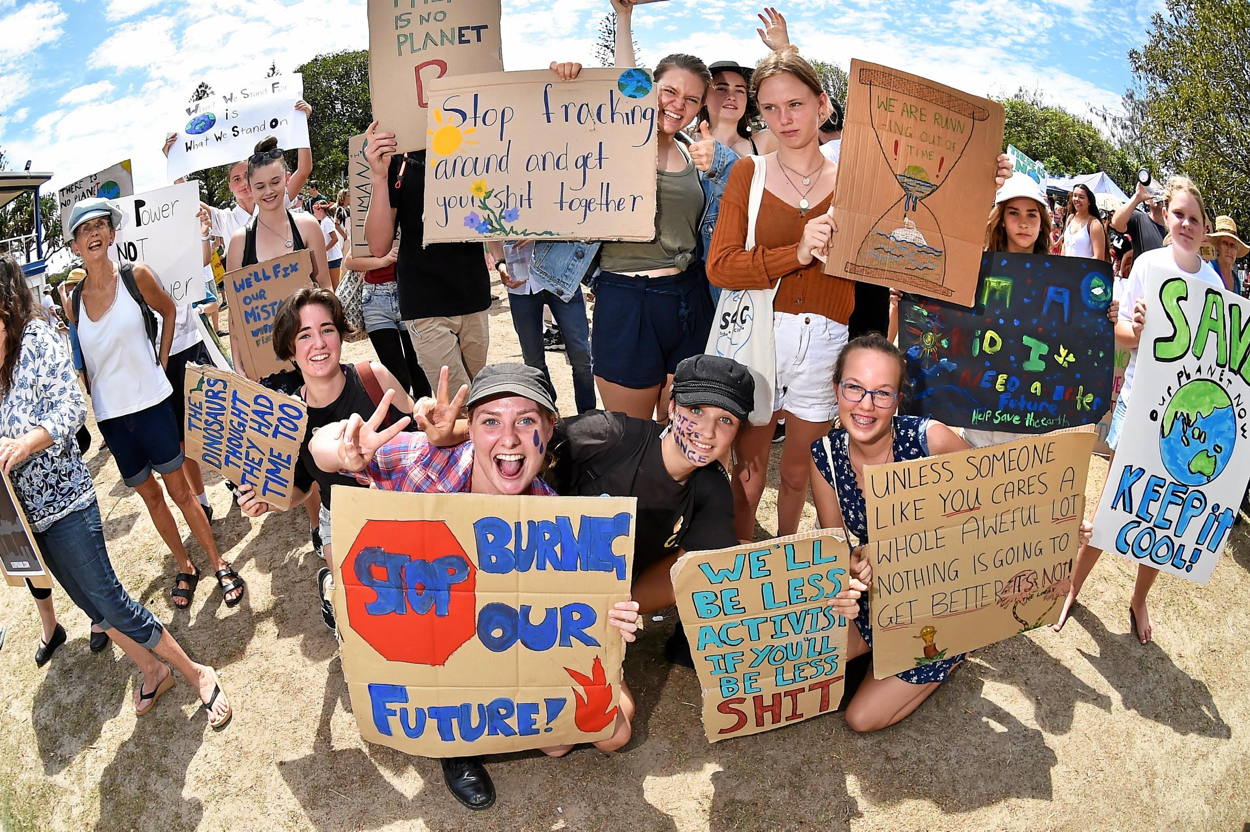 School students and community members gather at Peregain Beach to tell our politicians to take all them seriously and start treating climate change for what it is: a crisis and the biggest threat to our generation and gererations to come. Picture: Patrick Woods