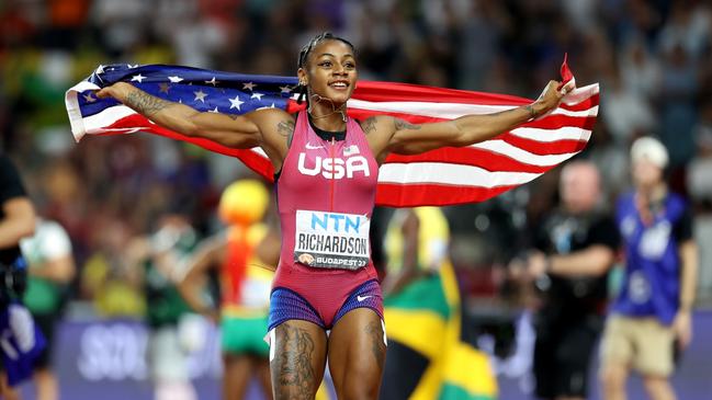 Sha'Carri Richardson celebrates winning the women's 100m final. Picture: Getty Images