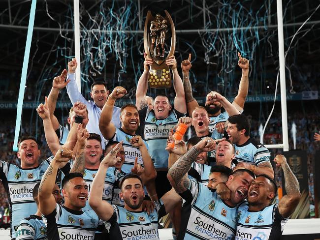 The Cronulla Sharks celebrate winning the 2016 NRL grand final after defeating the Melbourne Storm at ANZ Stadium. Picture: Phil Hillyard