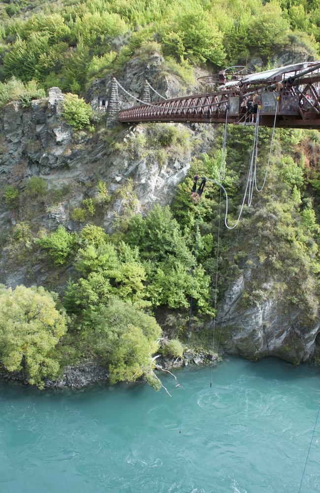 The Travel Guides try out bungy jumping in Queenstown. Picture: Channel 9