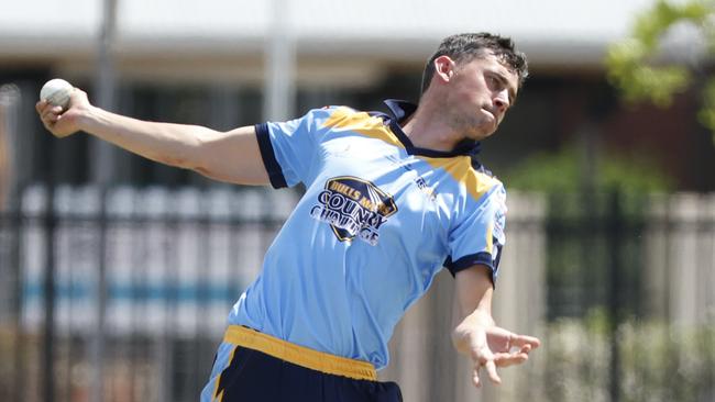 Tom Boorman bowls for the Far North Fusion team in their match against the Darling Downs Suns, in the Bulls Masters Country Challenge cricket tournament, held at Griffiths Park, Manunda. Picture: Brendan Radke