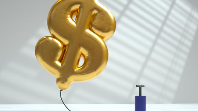 Digital generated image of golden air balloon in shape of dollar sign inflated using pump and flying up on white background. Inflation concept.