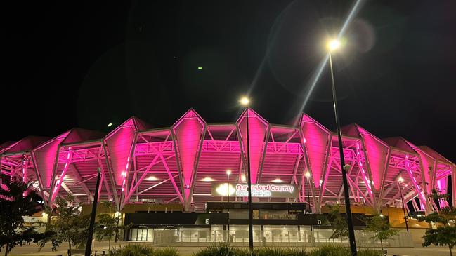 Townsville's Queensland Country Bank Stadium lights up pink to celebrate pop star P!nk bringing her Summer Carnival tour to North Queensland. Photo: Supplied