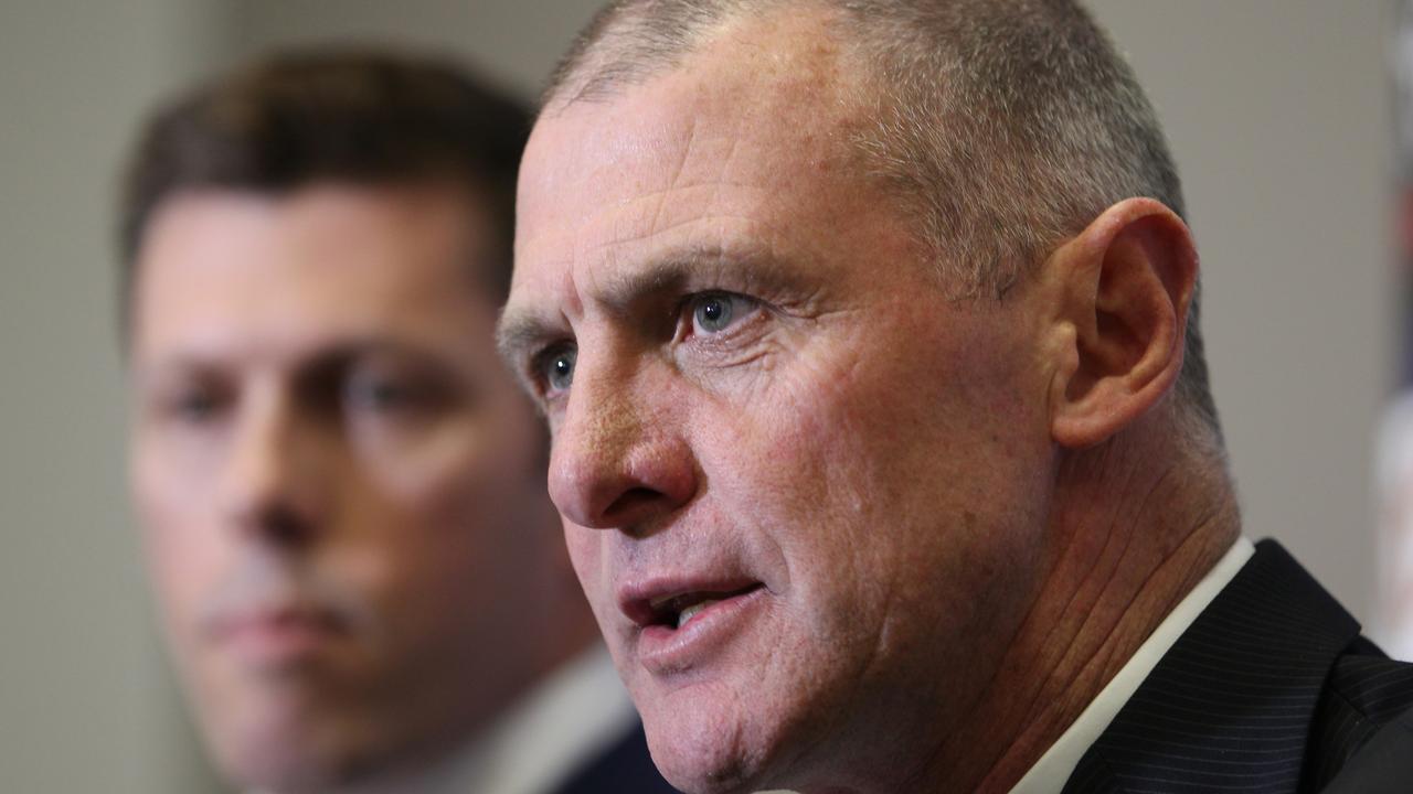 Andrew Fagan (Chief Executive (Adelaide Crows) and Phil Walsh new Adelaide Crows Coach at the press conference this afternoon to announce Phil Walsh as the new Coach of the Adelaide Football Club. Picture: Stephen Laffer