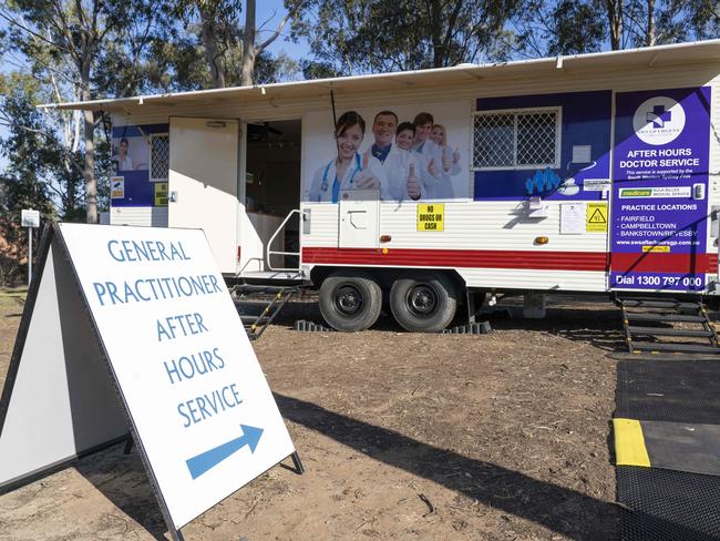 Mobile GP Doctors after hours caravan at Fairfield Hospital grounds.  Photographed 3rd August 2018.  (AAP IMAGE/Matthew Vasilescu)