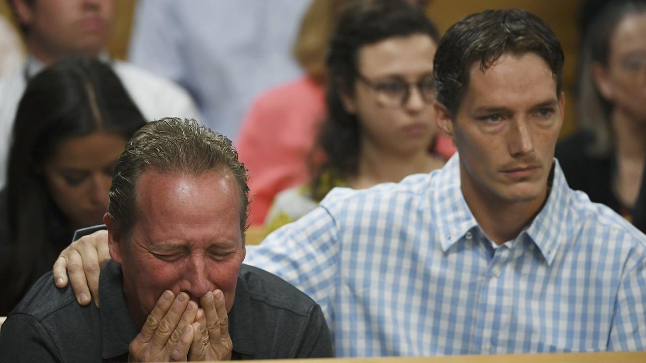 Frank Rzucek, the father of Shanann Watts, left, and her brother Frankie Rzucek in court for Chris Watts arraignment in 2018. Picture: RJ Sangosti/The Denver Post via AP, Pool