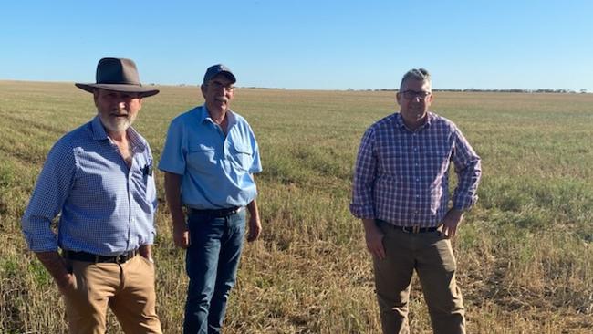 Member for Grey Rowan Ramsey, Napandee owner Jeff Baldock and Resources Minister Keith Pitt at Napandee Farm.