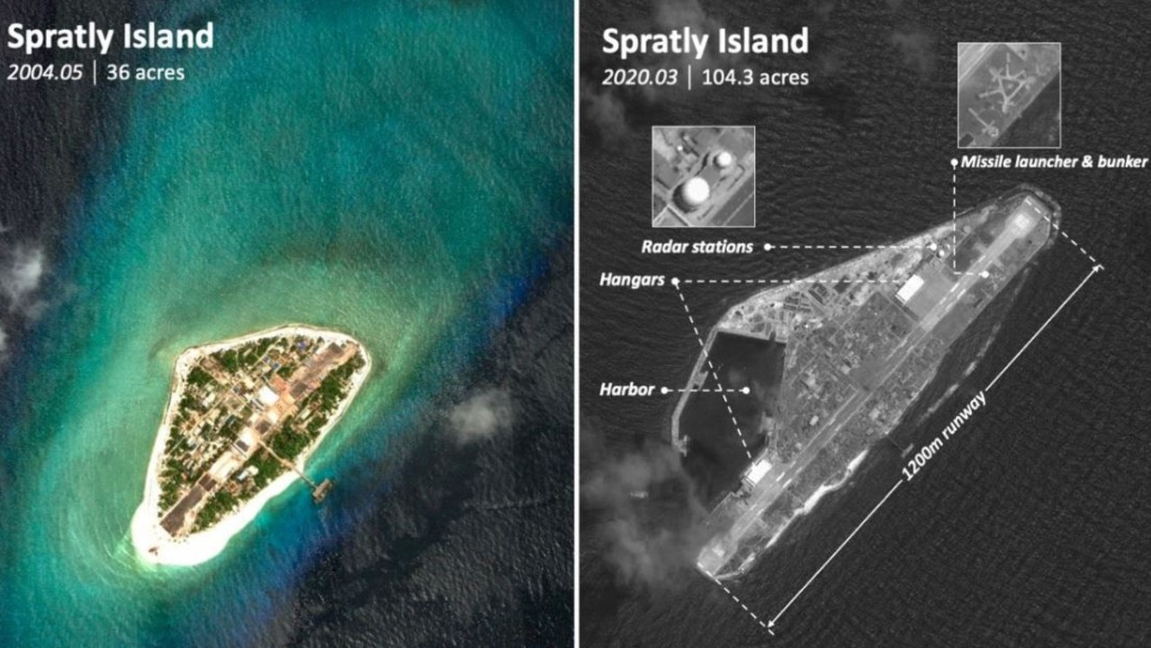 Recent land reclamation and fortification work on the Vietnamese-controlled Spratly Island. Picture: Chinese state-controlled media / SCSPI