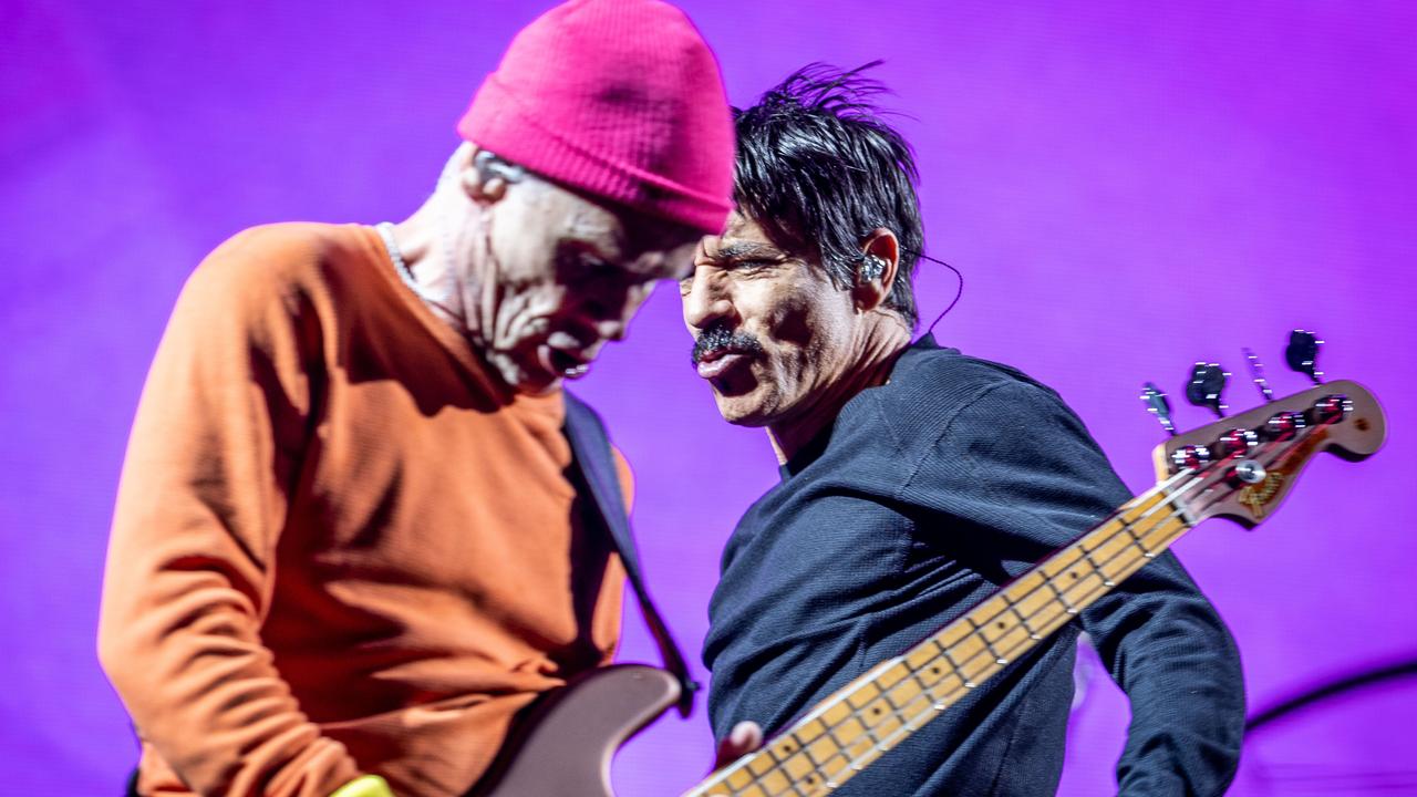 The Red Hot Chilli Peppers perform at Marvel Stadium, Melbourne. Flea and Anthony Kiedis performing on stage. Picture: Jake Nowakowski