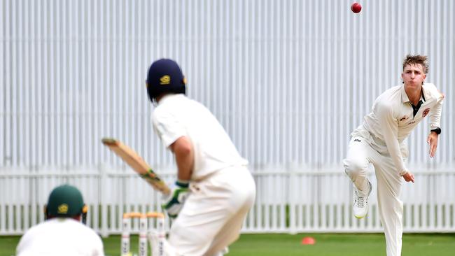 Redlands bowler Jackson Sinfield Cricket action between UQ v Redlands Saturday December 17, 2022. Picture: John Gass