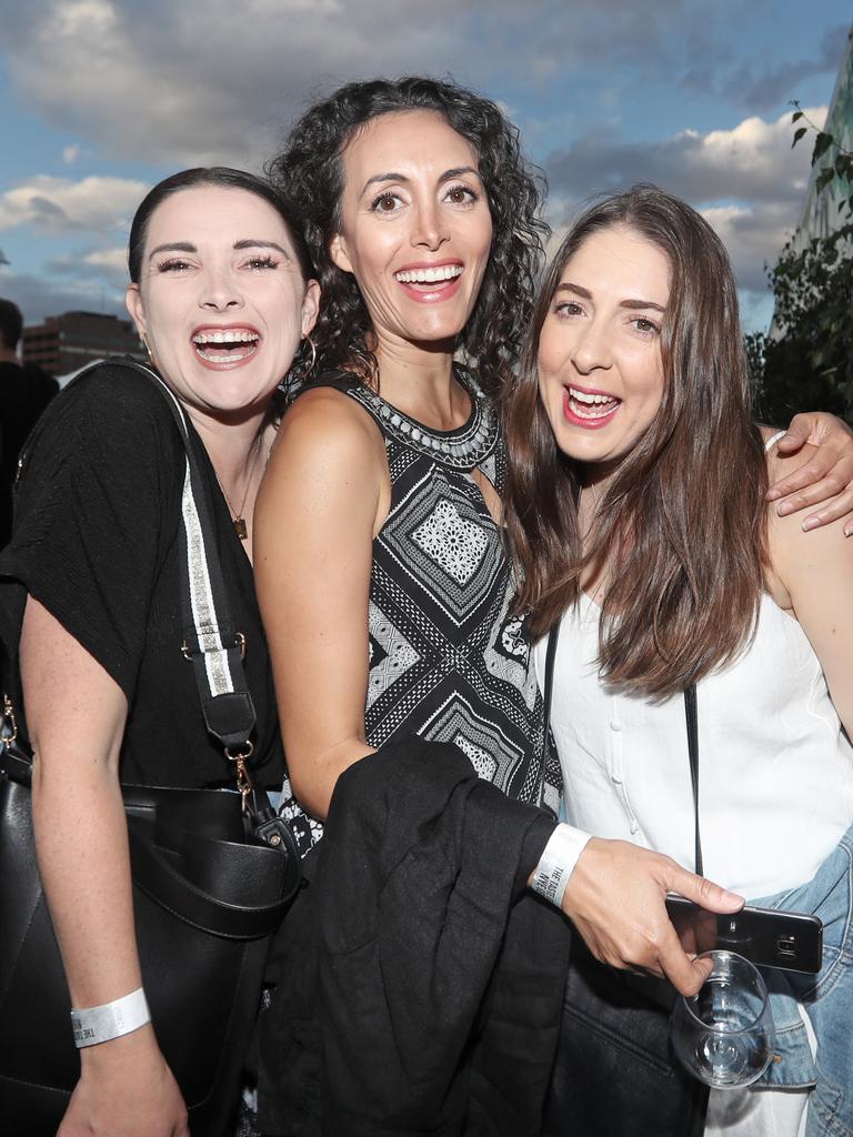 Ash Downes, Margaret Isaac and Angela Vitucci enjoying the NYE party at the 2019 Taste of Tasmania. Picture: LUKE BOWDEN