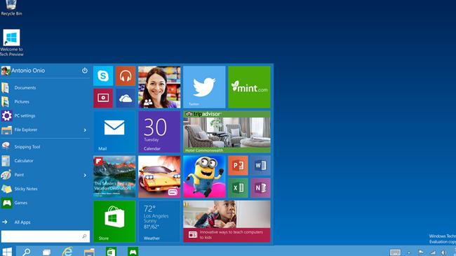 This image provided by Microsoft shows the start menu of Windows 10, the company's next version of its flagship operating system. The company is skipping version 9 to emphasize advances it is making toward a world centered on mobile devices and Internet services. (AP Photo/Microsoft)