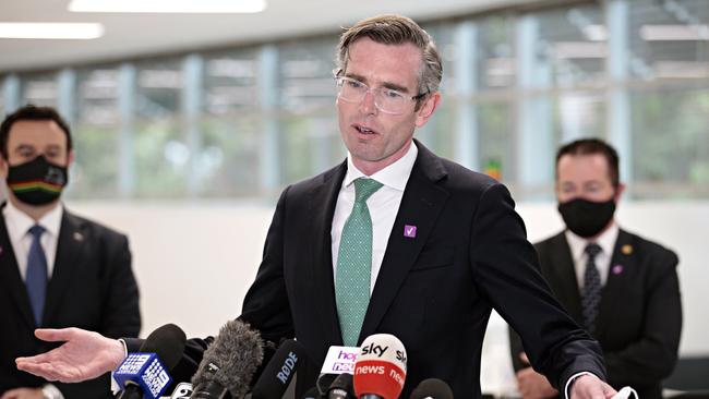 Dominic Perrottet speaking at the daily press conference at NSW Vaccination hub at Sydney Olympic Park. Picture: NCA NewsWire/Adam Yip