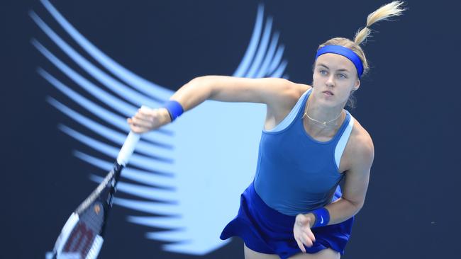 Anna Karolina Schmiedlova, of Slovakia, is seen during the singles finals at the Hobart International. Picture: AAP Image/Rob Blakers