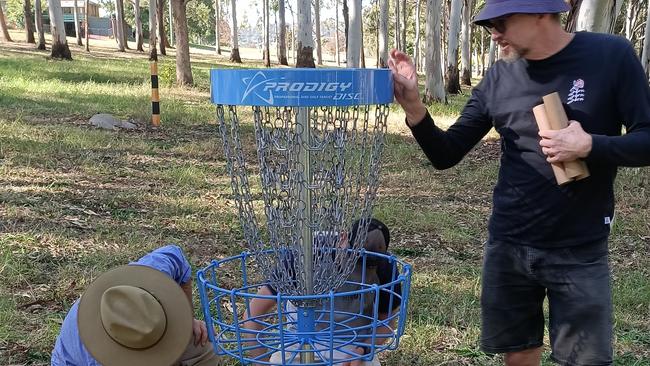 Installing a hole at the Toowoomba Disc Golf Club course are (from left) Qld Disc Golf President Aaron Moreton, Chris Barringer and Gavin Cowan.