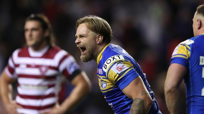 WIGAN, ENGLAND - SEPTEMBER 16:  Blake Austin of Leeds Rhinos celebrates victory over Wigan Warriors in the Betfred Super League Semi Final match between Wigan Warriors and Leeds Rhinos at DW Stadium on September 16, 2022 in Wigan, England. (Photo by Alex Livesey/Getty Images)