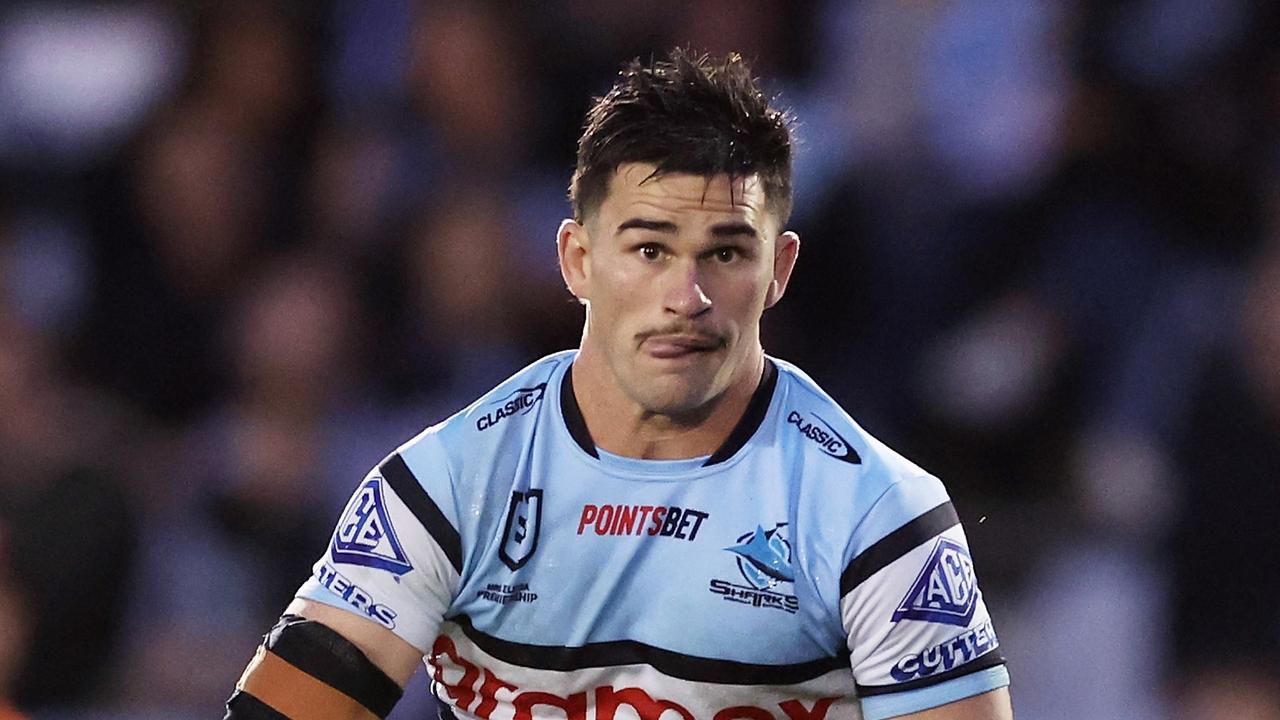 SYDNEY, AUSTRALIA - MAY 05: Daniel Atkinson of the Sharks runs with the ball during the round nine NRL match between Cronulla Sharks and St George Illawarra Dragons at PointsBet Stadium, on May 05, 2024, in Sydney, Australia. (Photo by Matt King/Getty Images)