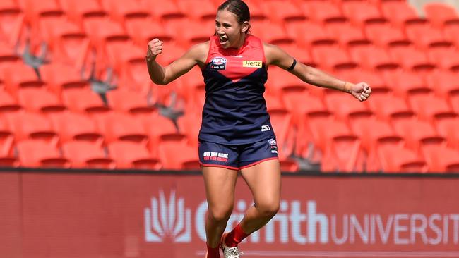 Krstel Petrevski celebrates a goal for the Demons. Picture: Getty Images