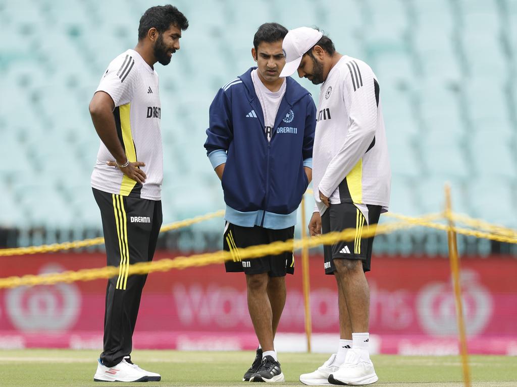 Rohit Sharma (right) inspects the SCG pitch with Jasprit Bumrah and coach Gautam Gambhir. Picture: Getty Images