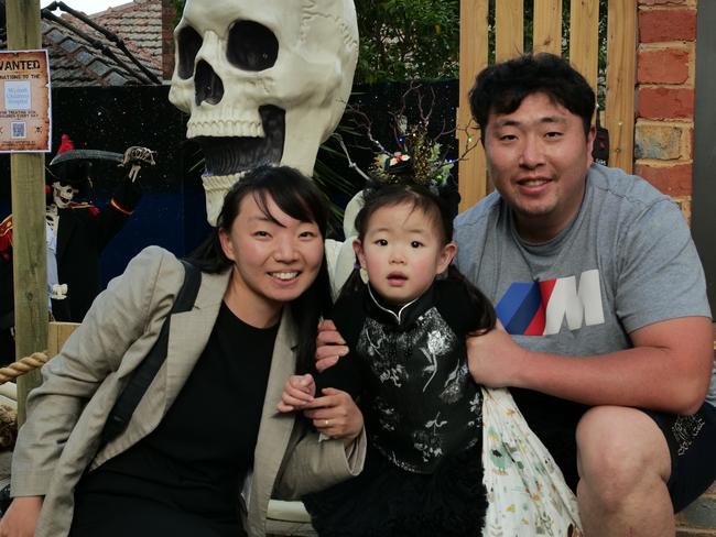 Becky, Mila and Mark trick-or-treating in North Balwyn.