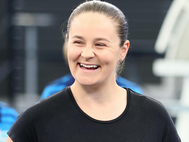 BRISBANE, AUSTRALIA - NewsWire Photos SEPTEMBER 15, 2023: Retired tennis players Ash Barty and Pat Rafter during the launch of the 2024 Brisbane International tennis tournament in Brisbane. Picture: NCA NewsWIRE/Tertius Pickard